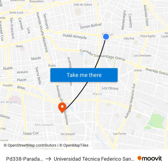 Pd338-Parada / Plaza Ñuñoa to Universidad Técnica Federico Santa María, Campus San Joaquín map