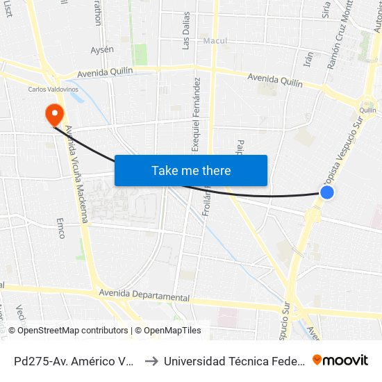 Pd275-Av. Américo Vespucio / Esq. Pque. Vespucio-Sur to Universidad Técnica Federico Santa María, Campus San Joaquín map