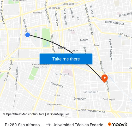 Pa280-San Alfonso / Esq. Fray Luis De La Peña to Universidad Técnica Federico Santa María, Campus San Joaquín map