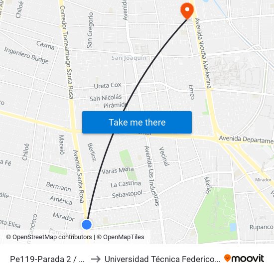 Pe119-Parada 2 / Paradero 18 Santa Rosa to Universidad Técnica Federico Santa María, Campus San Joaquín map