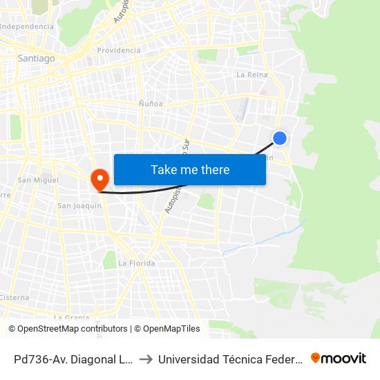 Pd736-Av. Diagonal Las Torres / Esq. Las Vertientes to Universidad Técnica Federico Santa María, Campus San Joaquín map