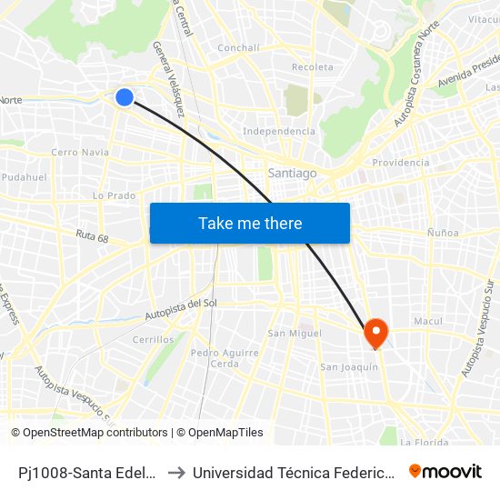 Pj1008-Santa Edelmira / Esq. Brisas Del Río to Universidad Técnica Federico Santa María, Campus San Joaquín map