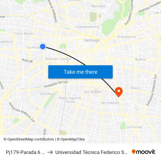 Pj179-Parada 6 / (M) Blanqueado to Universidad Técnica Federico Santa María, Campus San Joaquín map