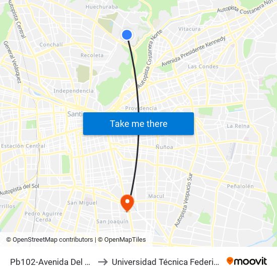 Pb102-Avenida Del Parque / Esq. Av. Del Cóndor to Universidad Técnica Federico Santa María, Campus San Joaquín map