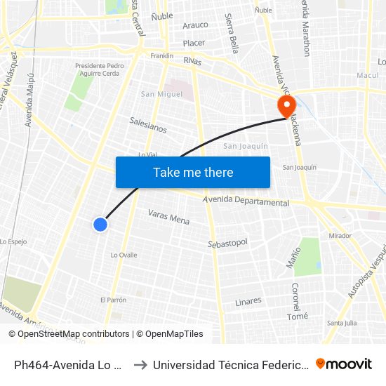 Ph464-Avenida Lo Ovalle / Esq. 3ª Transversal to Universidad Técnica Federico Santa María, Campus San Joaquín map