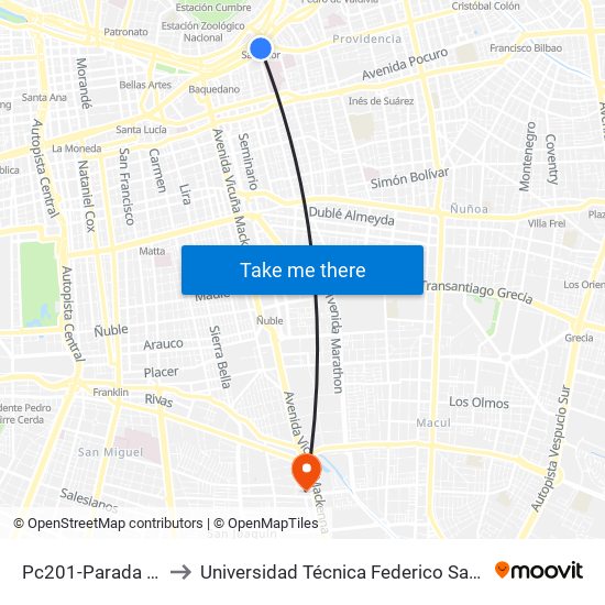 Pc201-Parada 3 / (M) Salvador to Universidad Técnica Federico Santa María, Campus San Joaquín map