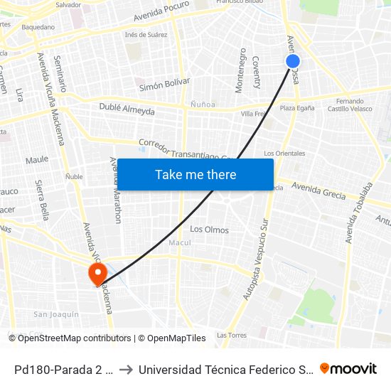 Pd180-Parada 2 / (M) Simón Bolívar to Universidad Técnica Federico Santa María, Campus San Joaquín map