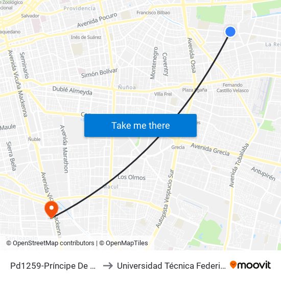 Pd1259-Príncipe De Gales / Esq. Salvador Izquierdo to Universidad Técnica Federico Santa María, Campus San Joaquín map