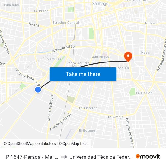 Pi1647-Parada / Mall Plaza Oeste - Camino Lonquén to Universidad Técnica Federico Santa María, Campus San Joaquín map