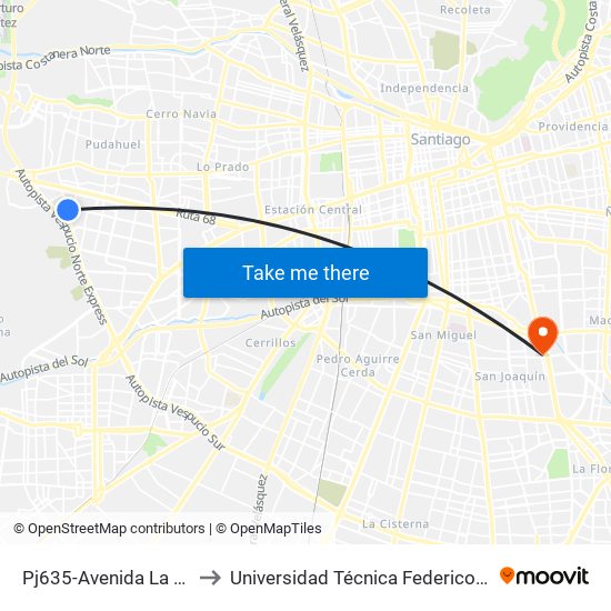 Pj635-Avenida La Travesía / Esq. Serrano to Universidad Técnica Federico Santa María, Campus San Joaquín map