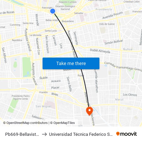Pb669-Bellavista / Esq. Patronato to Universidad Técnica Federico Santa María, Campus San Joaquín map
