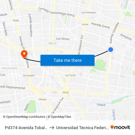 Pd374-Avenida Tobalaba / Esq. Av. Los Presidentes to Universidad Técnica Federico Santa María, Campus San Joaquín map