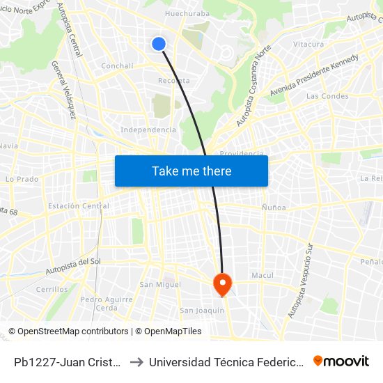 Pb1227-Juan Cristóbal / Esq. Av. Zapadores to Universidad Técnica Federico Santa María, Campus San Joaquín map