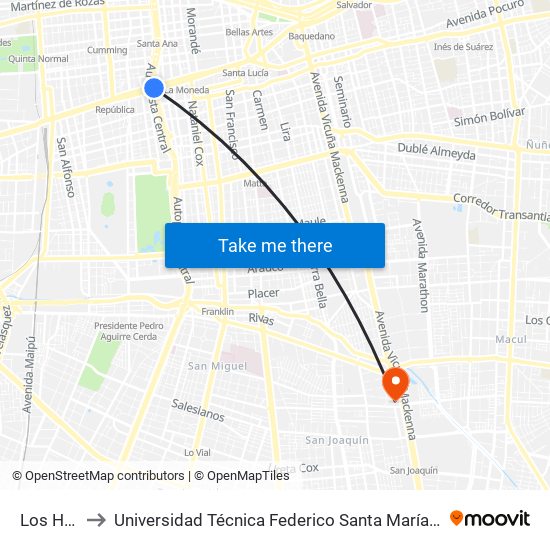Los Héroes to Universidad Técnica Federico Santa María, Campus San Joaquín map