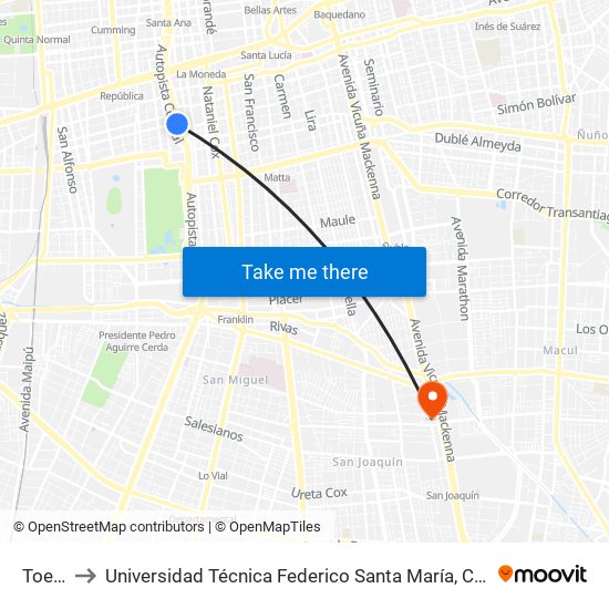 Toesca to Universidad Técnica Federico Santa María, Campus San Joaquín map