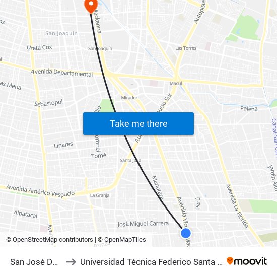 San José De La Estrella to Universidad Técnica Federico Santa María, Campus San Joaquín map