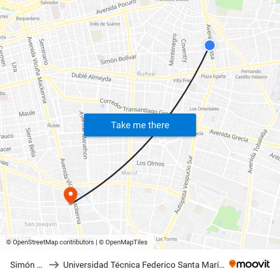 Simón Bolivar to Universidad Técnica Federico Santa María, Campus San Joaquín map