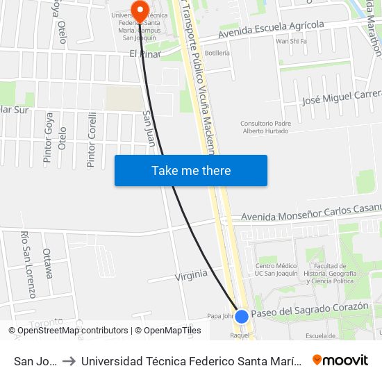 San Joaquín to Universidad Técnica Federico Santa María, Campus San Joaquín map