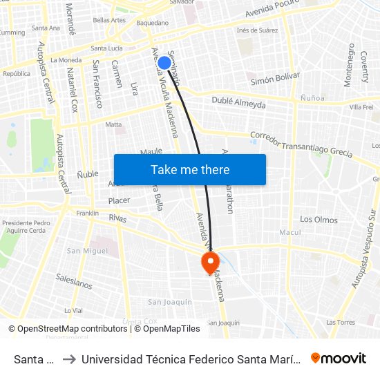 Santa Isabel to Universidad Técnica Federico Santa María, Campus San Joaquín map