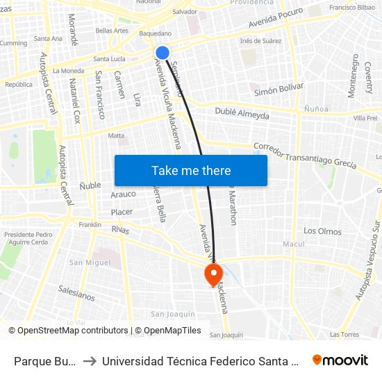 Parque Bustamante to Universidad Técnica Federico Santa María, Campus San Joaquín map