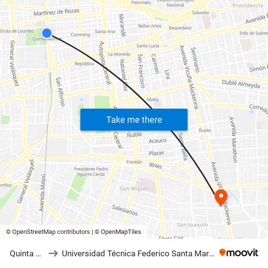 Quinta Normal to Universidad Técnica Federico Santa María, Campus San Joaquín map