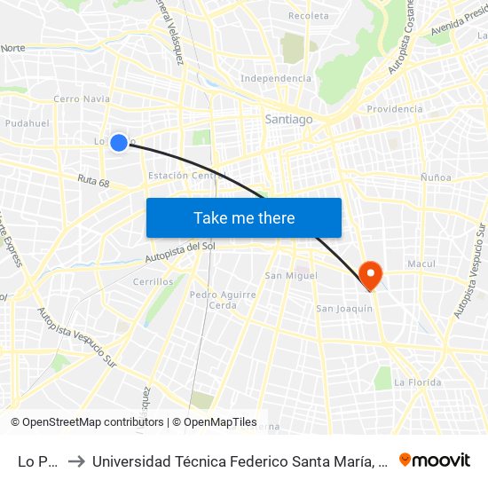 Lo Prado to Universidad Técnica Federico Santa María, Campus San Joaquín map