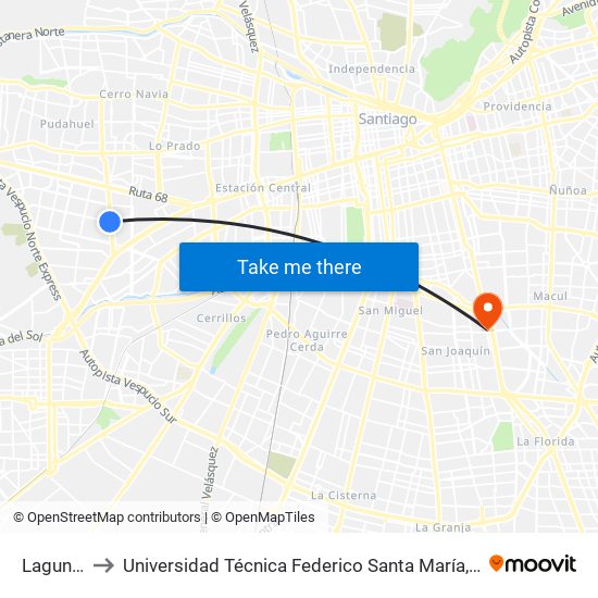 Laguna Sur to Universidad Técnica Federico Santa María, Campus San Joaquín map