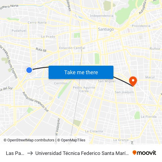 Las Parcelas to Universidad Técnica Federico Santa María, Campus San Joaquín map