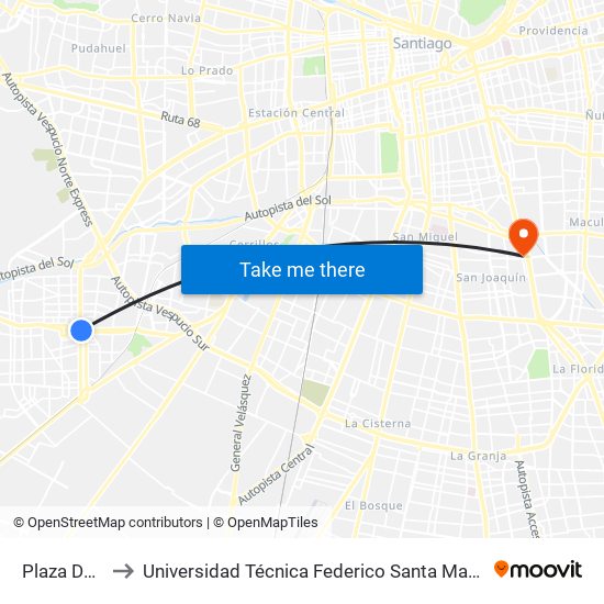 Plaza De Maipú to Universidad Técnica Federico Santa María, Campus San Joaquín map