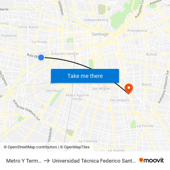 Metro Y Terminal Pajaritos to Universidad Técnica Federico Santa María, Campus San Joaquín map
