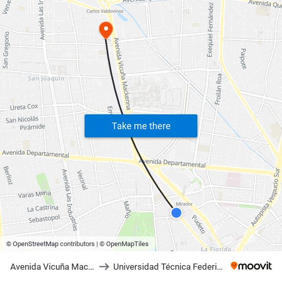 Avenida Vicuña Mackenna Poniente, 6451-6487 to Universidad Técnica Federico Santa María, Campus San Joaquín map