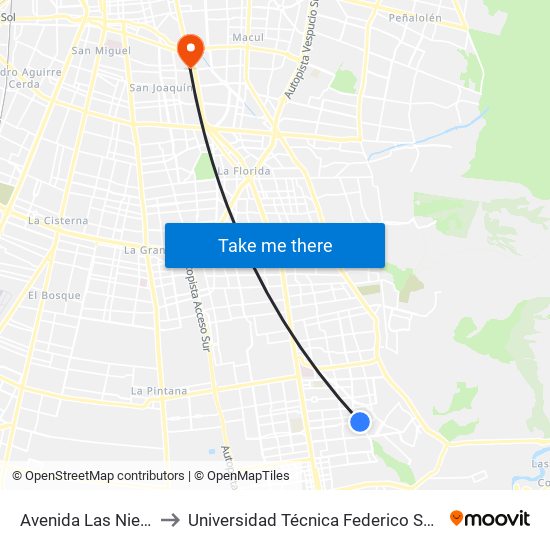 Avenida Las Nieves Oriente, 1582 to Universidad Técnica Federico Santa María, Campus San Joaquín map