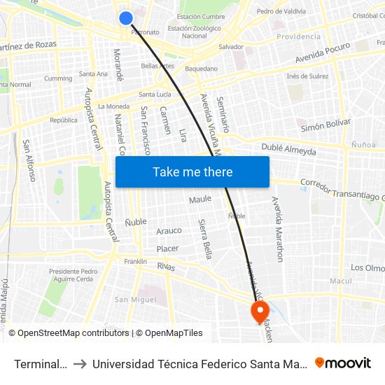 Terminal La Paz to Universidad Técnica Federico Santa María, Campus San Joaquín map