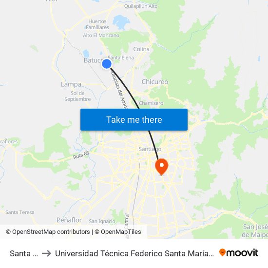 Santa Rosa to Universidad Técnica Federico Santa María, Campus San Joaquín map