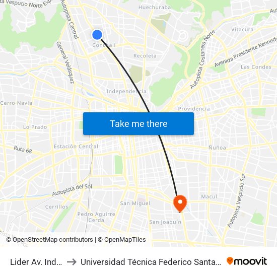 Lider Av. Independencia to Universidad Técnica Federico Santa María, Campus San Joaquín map