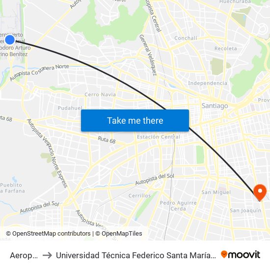 Aeropuerto to Universidad Técnica Federico Santa María, Campus San Joaquín map