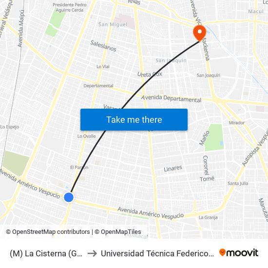 (M) La Cisterna (Gran Avenida, Parad. 25) to Universidad Técnica Federico Santa María, Campus San Joaquín map