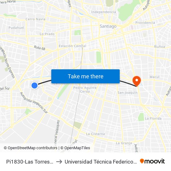 Pi1830-Las Torres-Poniente / Esq. Alaska to Universidad Técnica Federico Santa María, Campus San Joaquín map