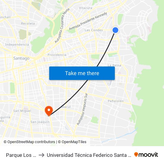 Parque Los Dominicos to Universidad Técnica Federico Santa María, Campus San Joaquín map