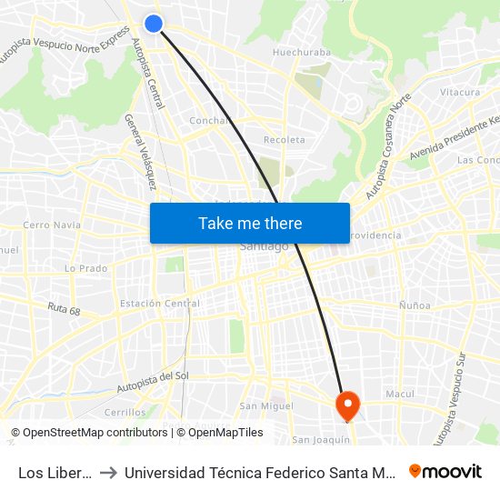 Los Libertadores to Universidad Técnica Federico Santa María, Campus San Joaquín map