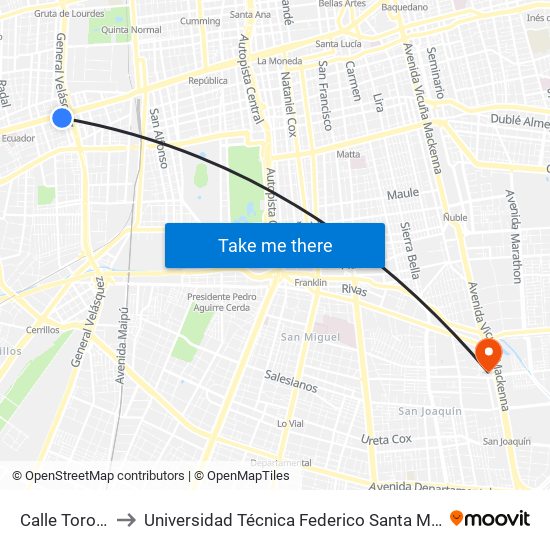 Calle Toro Mazotte to Universidad Técnica Federico Santa María, Campus San Joaquín map