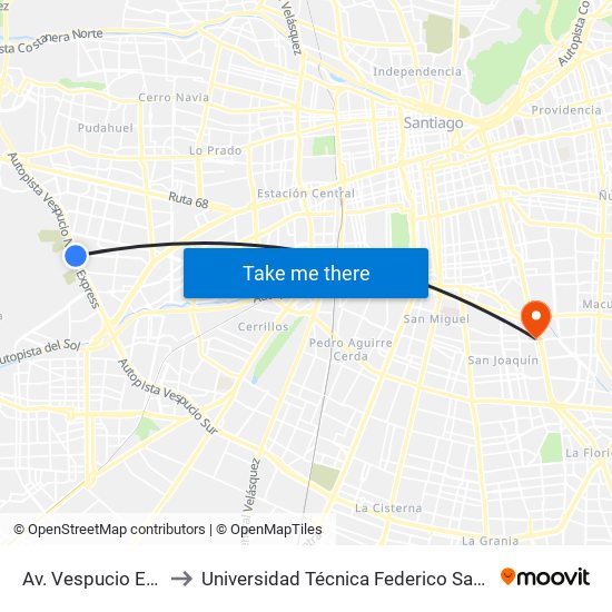 Av. Vespucio Esq. El Descanso to Universidad Técnica Federico Santa María, Campus San Joaquín map