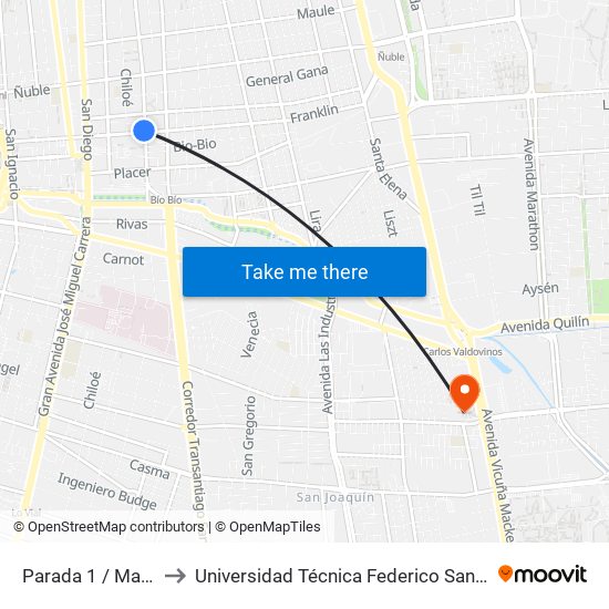 Parada 1 / Matadero Franklin to Universidad Técnica Federico Santa María, Campus San Joaquín map