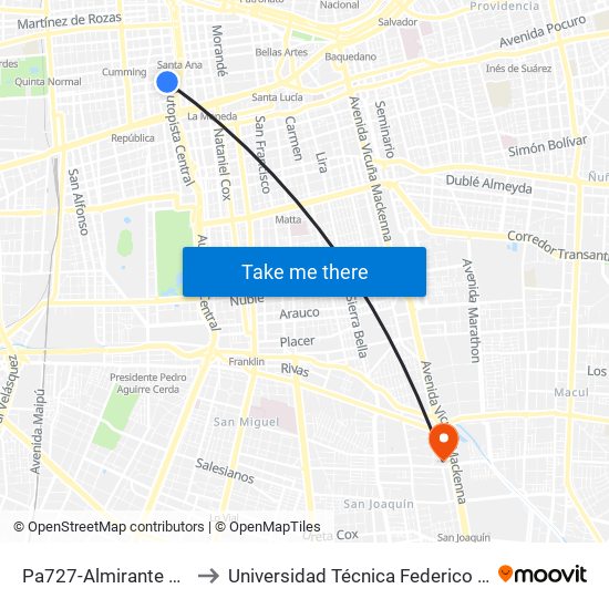 Pa727-Almirante Barroso / Esq. Moneda to Universidad Técnica Federico Santa María, Campus San Joaquín map