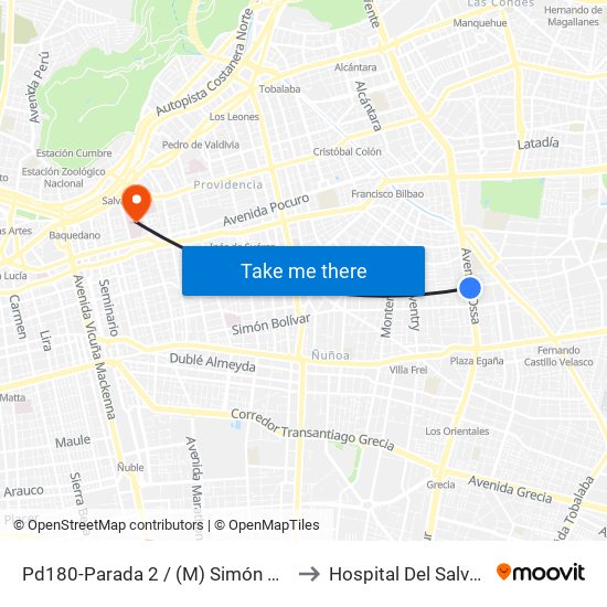 Pd180-Parada 2 / (M) Simón Bolívar to Hospital Del Salvador map