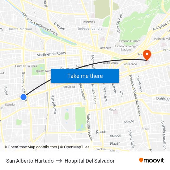 San Alberto Hurtado to Hospital Del Salvador map