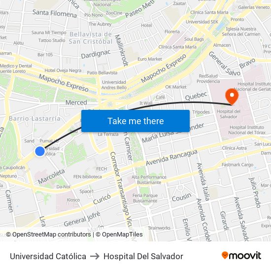 Universidad Católica to Hospital Del Salvador map