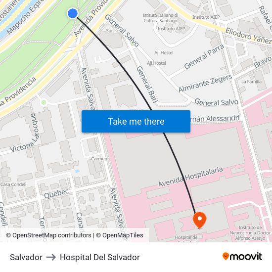 Salvador to Hospital Del Salvador map