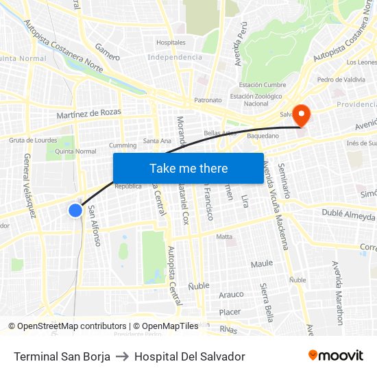 Terminal San Borja to Hospital Del Salvador map