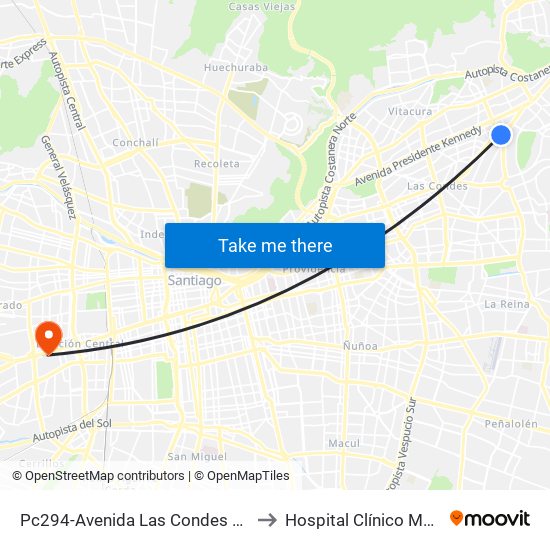 Pc294-Avenida Las Condes / Esq. Av. Padre H. Central to Hospital Clínico Mutual De Seguridad map